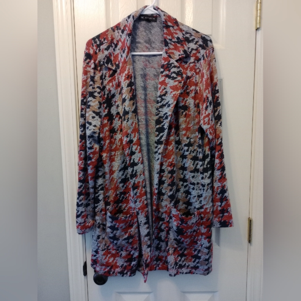 N Touch Women's Houndstooth Cardigan - Red, Black, Gray